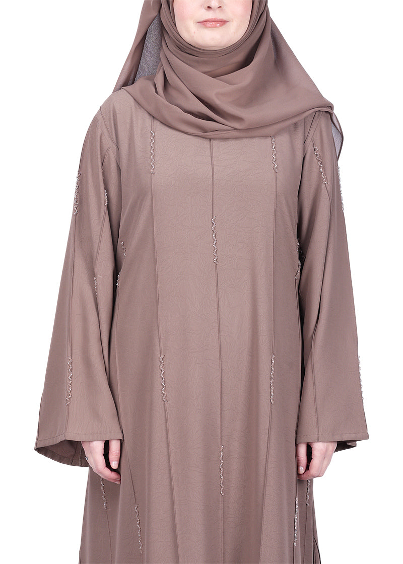 BeingMuslims Oak Brown Abaya with Vertical Piping with Hand Embroidery