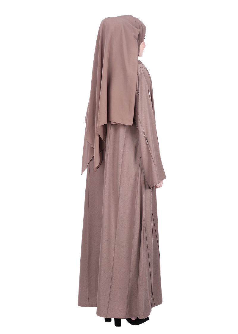 BeingMuslims Oak Brown Abaya with Vertical Piping with Hand Embroidery