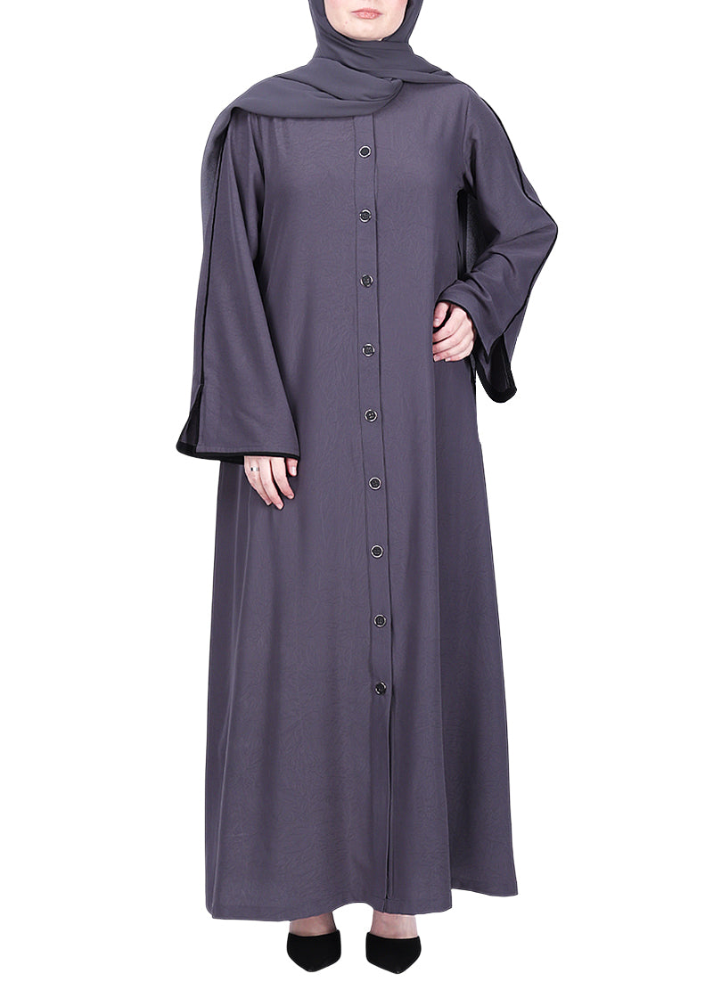 BeingMuslims Sophisticated Dark Grey Abaya with Back Piping.