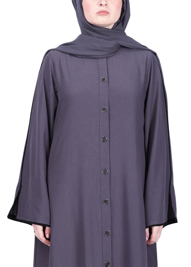 BeingMuslims Sophisticated Dark Grey Abaya with Back Piping.