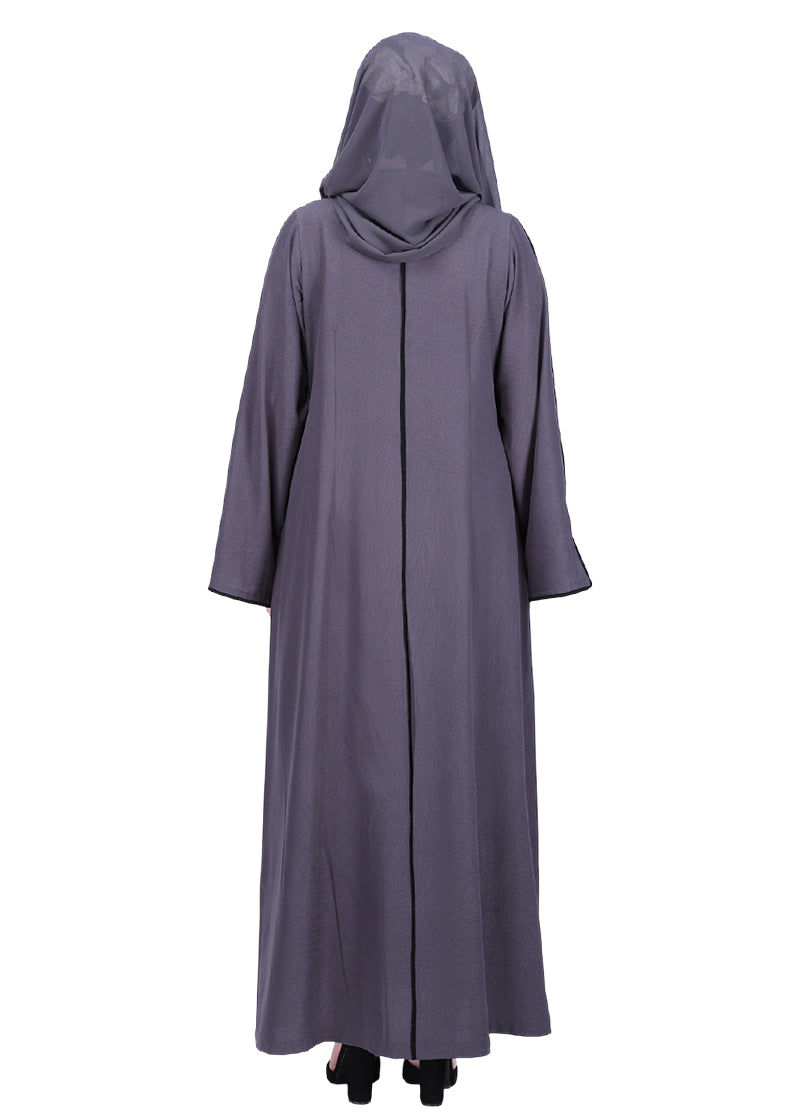BeingMuslims Sophisticated Dark Grey Abaya with Back Piping.