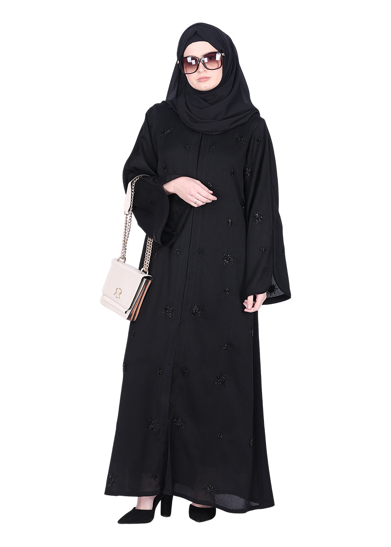 BeingMuslims Black Abaya with Starburst Crystal Embroidery Motifs