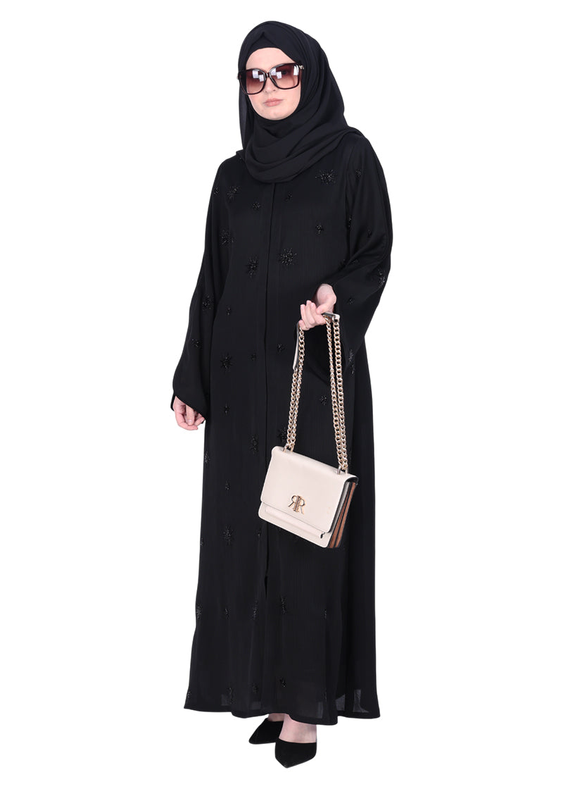 BeingMuslims Black Abaya with Starburst Crystal Embroidery Motifs