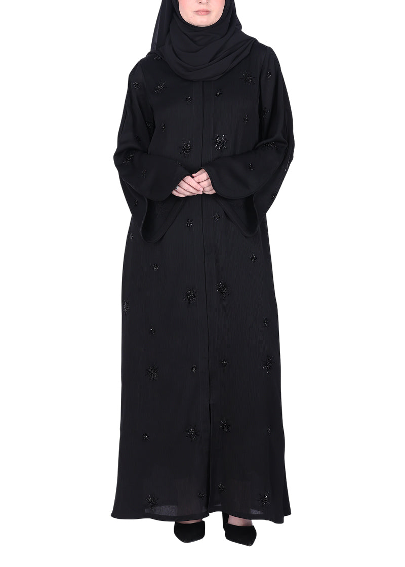 BeingMuslims Black Abaya with Starburst Crystal Embroidery Motifs