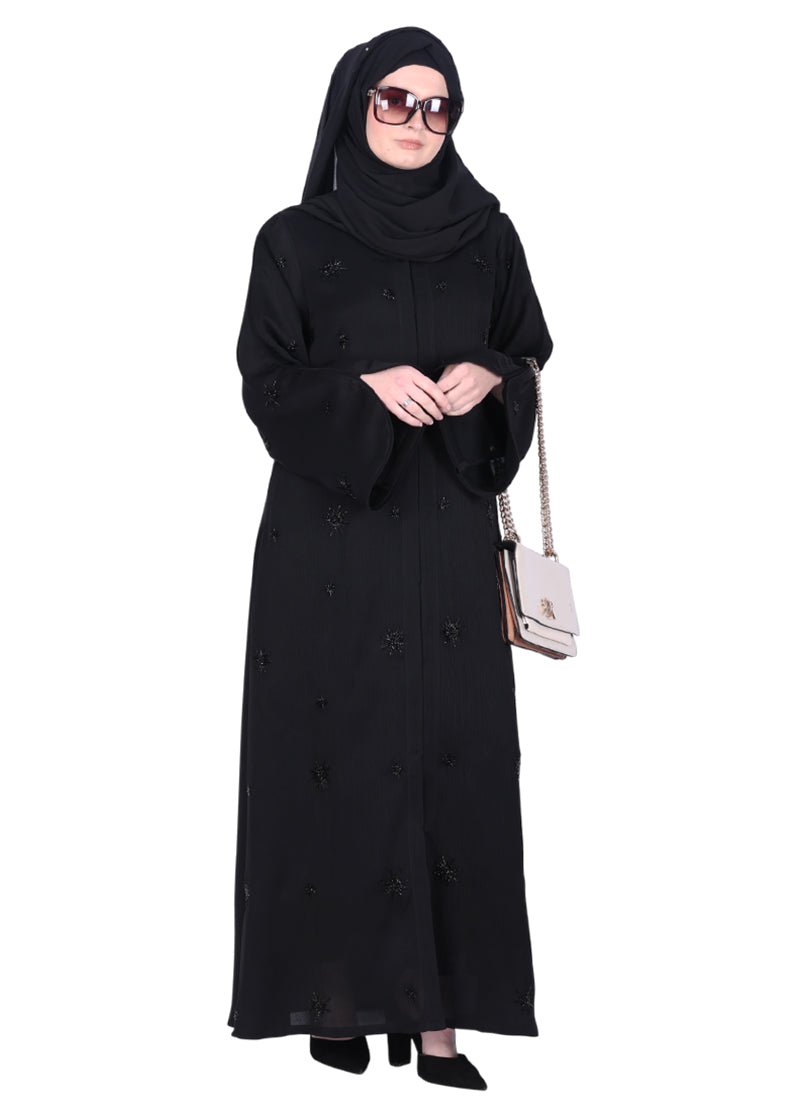 BeingMuslims Black Abaya with Starburst Crystal Embroidery Motifs