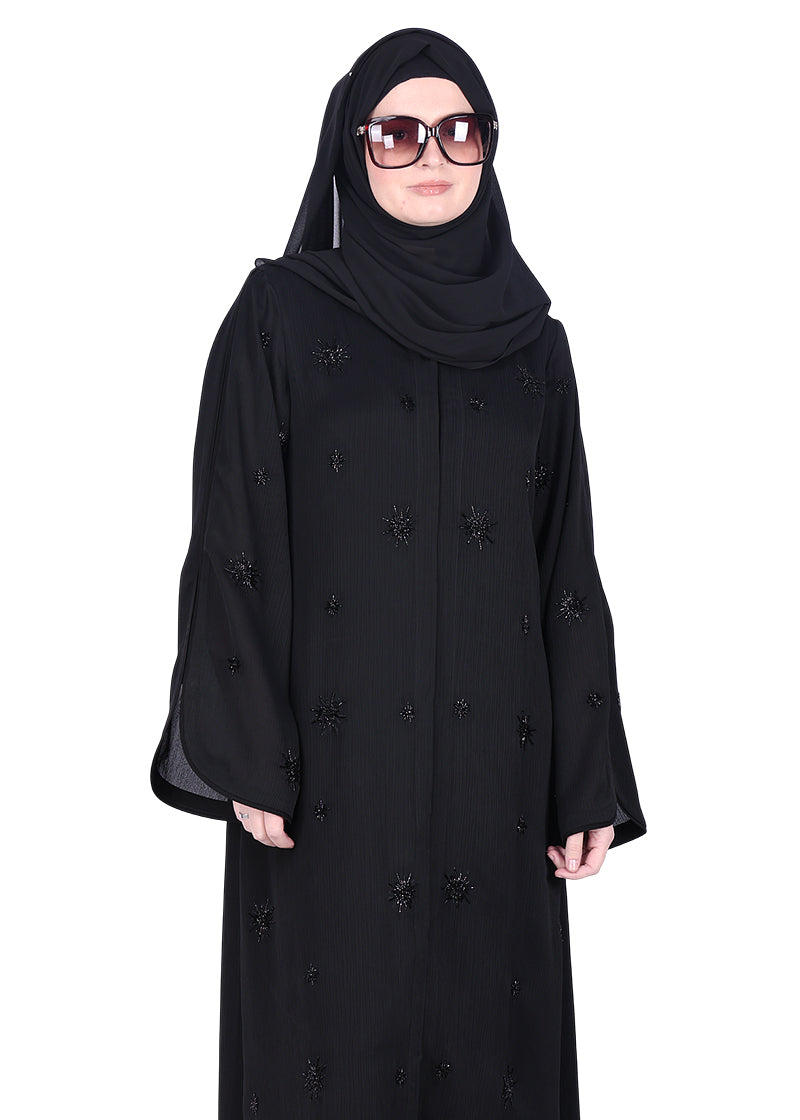 BeingMuslims Black Abaya with Starburst Crystal Embroidery Motifs