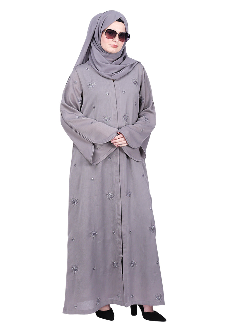 BeingMuslims Grey Abaya with Starburst Crystal Embroidery Motifs