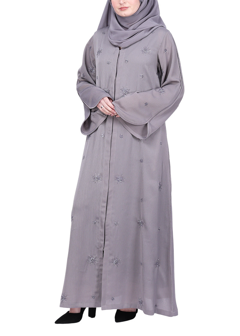 BeingMuslims Grey Abaya with Starburst Crystal Embroidery Motifs