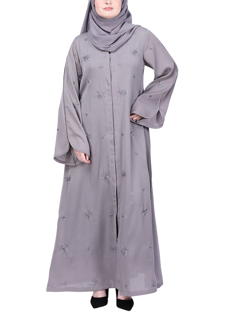 BeingMuslims Grey Abaya with Starburst Crystal Embroidery Motifs