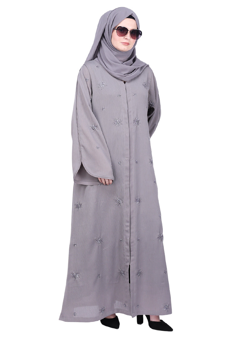 BeingMuslims Grey Abaya with Starburst Crystal Embroidery Motifs