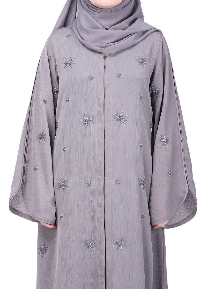 BeingMuslims Grey Abaya with Starburst Crystal Embroidery Motifs