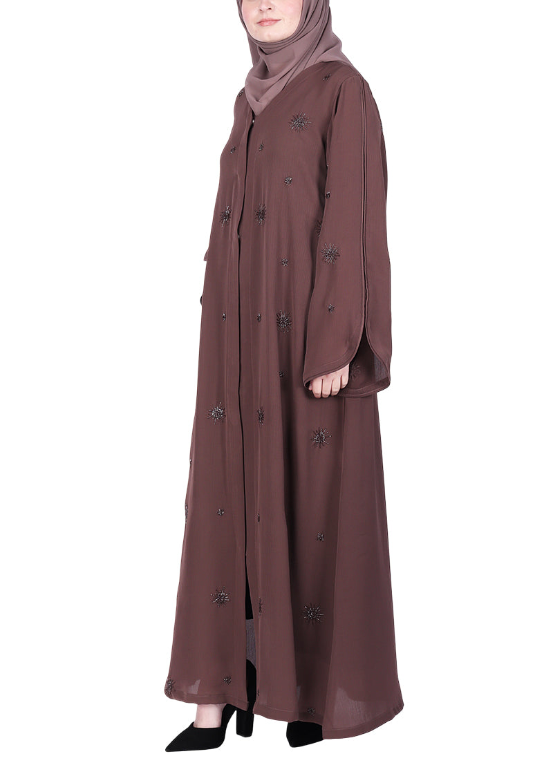 BeingMuslims Brown Abaya with Starburst Crystal Embroidery Motifs