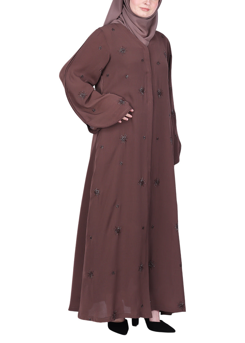 BeingMuslims Brown Abaya with Starburst Crystal Embroidery Motifs