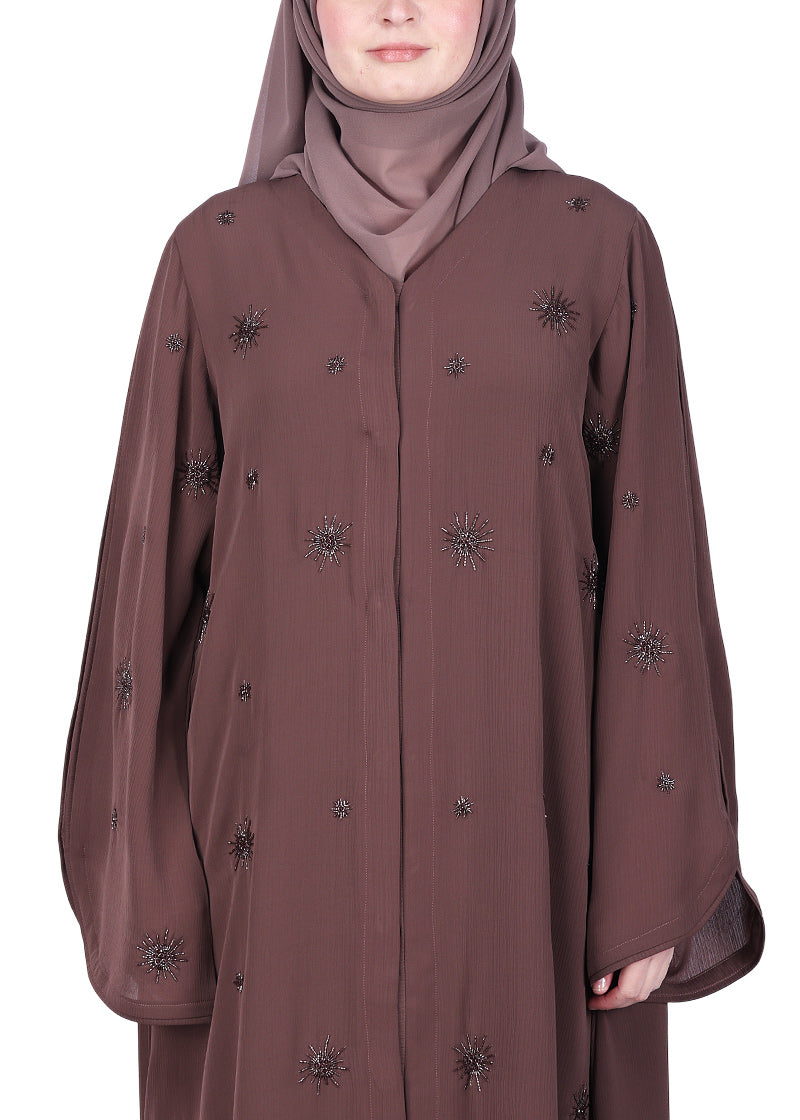 BeingMuslims Brown Abaya with Starburst Crystal Embroidery Motifs