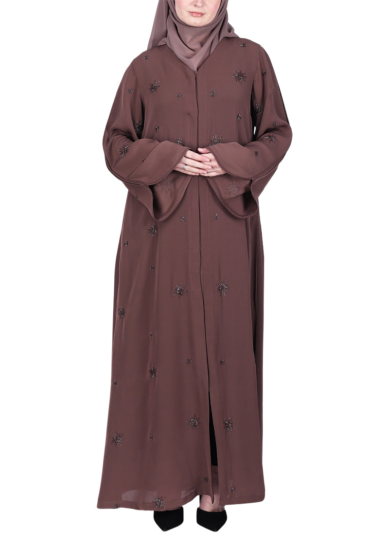 BeingMuslims Brown Abaya with Starburst Crystal Embroidery Motifs