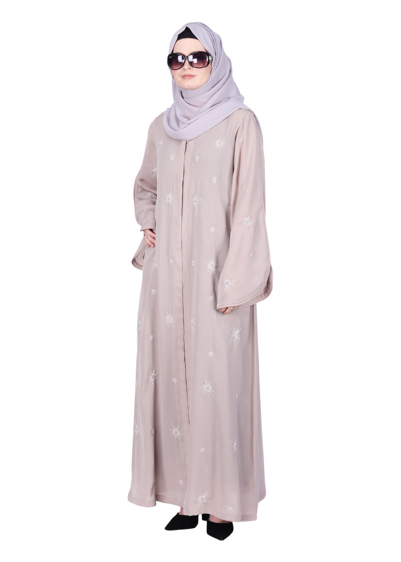 BeingMuslims Beige Abaya with Starburst Crystal Embroidery Motifs