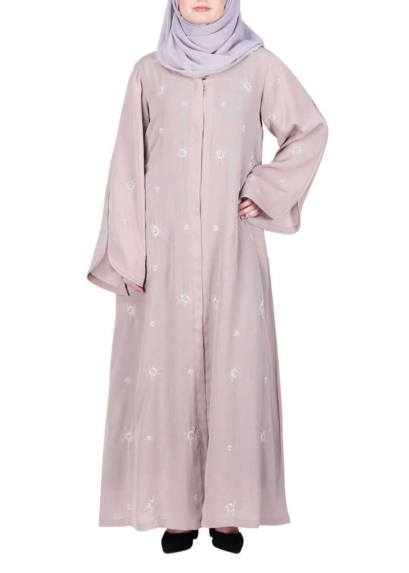BeingMuslims Beige Abaya with Starburst Crystal Embroidery Motifs