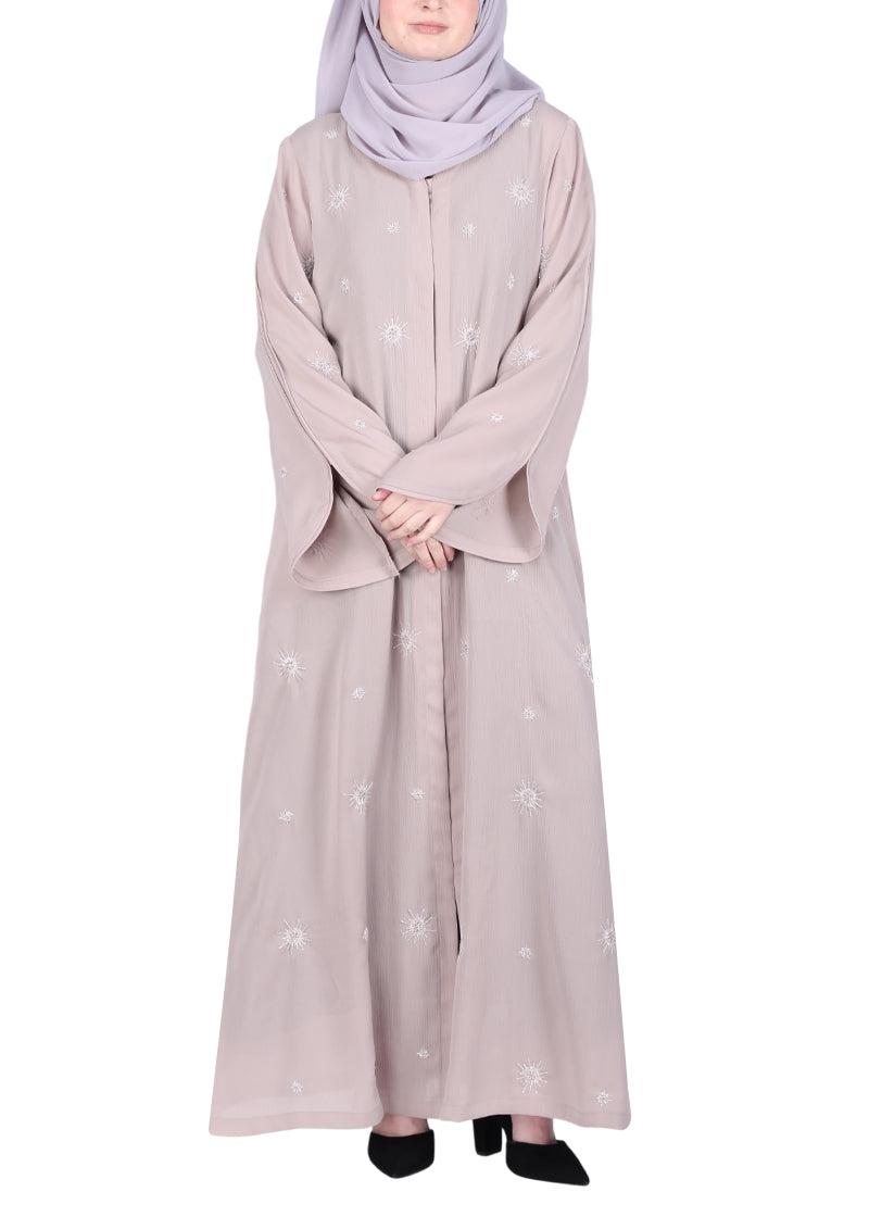 BeingMuslims Beige Abaya with Starburst Crystal Embroidery Motifs