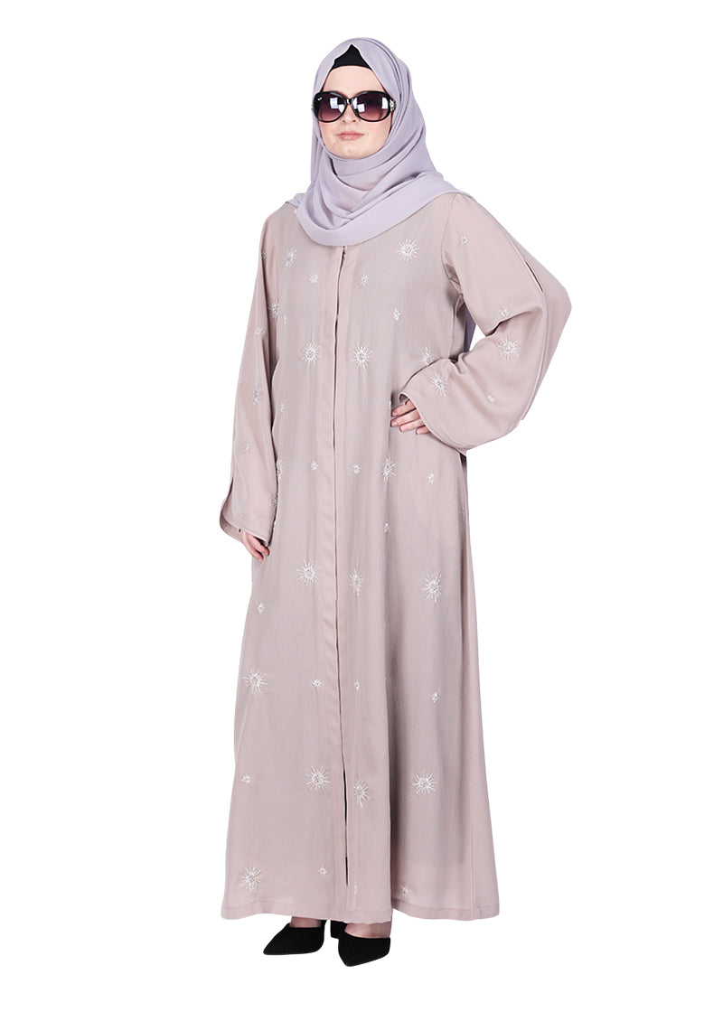 BeingMuslims Beige Abaya with Starburst Crystal Embroidery Motifs