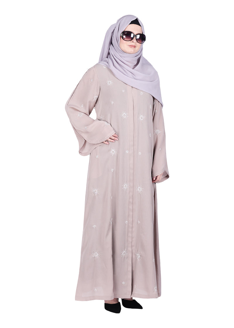 BeingMuslims Beige Abaya with Starburst Crystal Embroidery Motifs