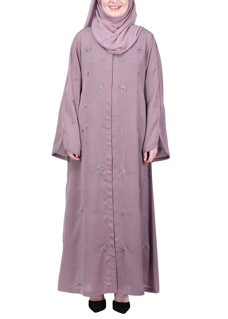 BeingMuslims Light Purple Abaya with Starburst Crystal Embroidery Motifs