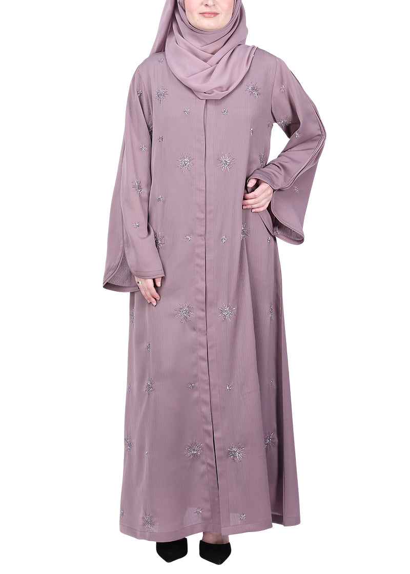 BeingMuslims Light Purple Abaya with Starburst Crystal Embroidery Motifs
