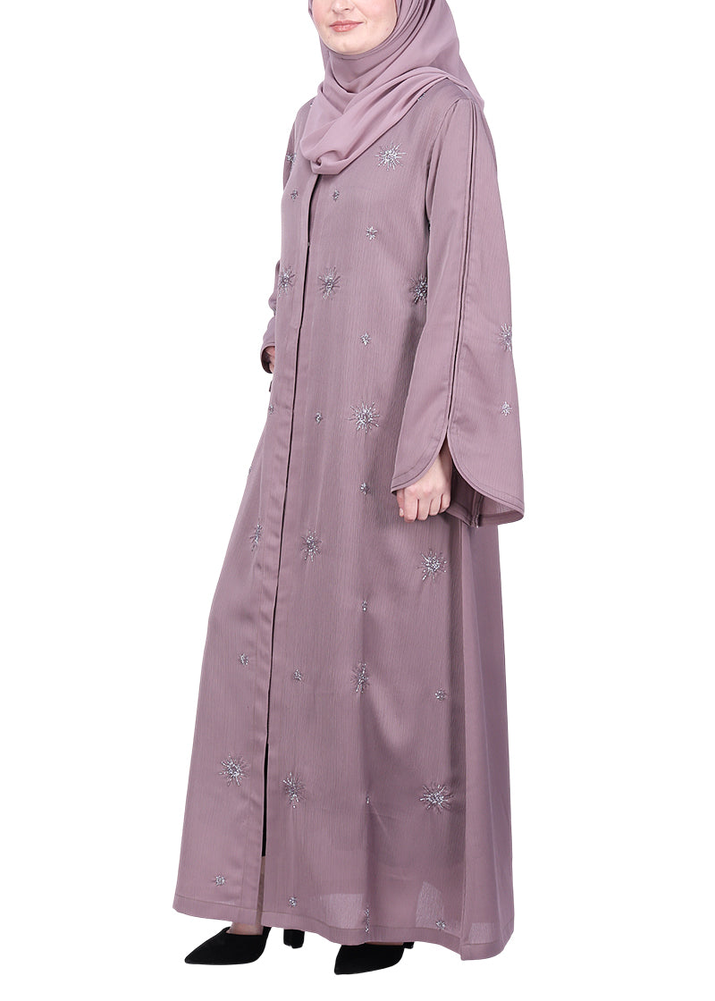 BeingMuslims Light Purple Abaya with Starburst Crystal Embroidery Motifs