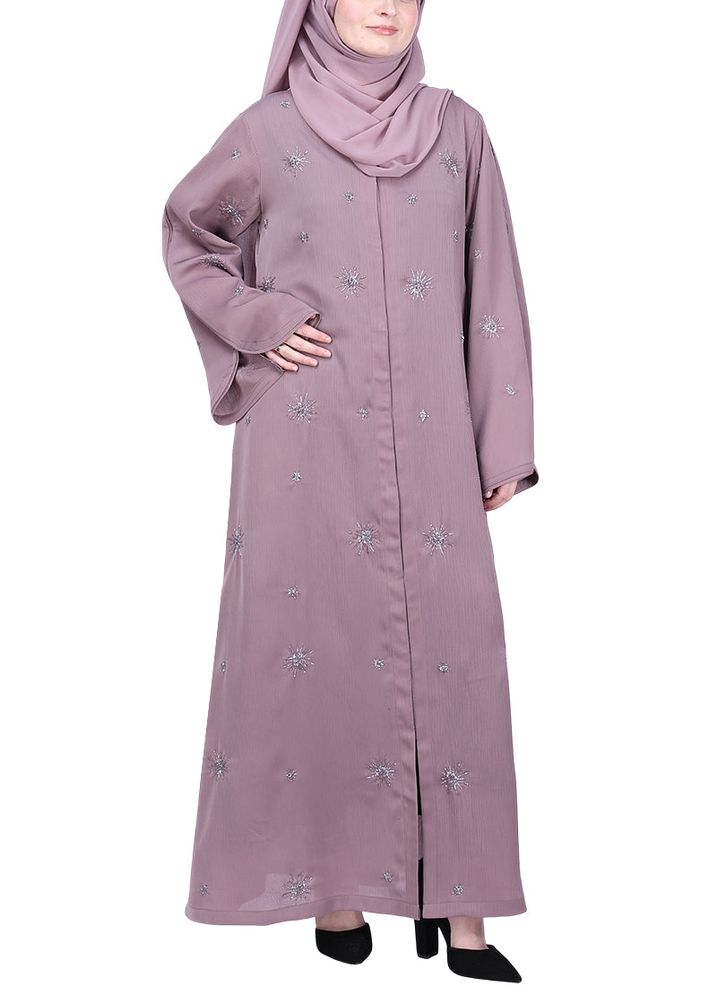 BeingMuslims Light Purple Abaya with Starburst Crystal Embroidery Motifs