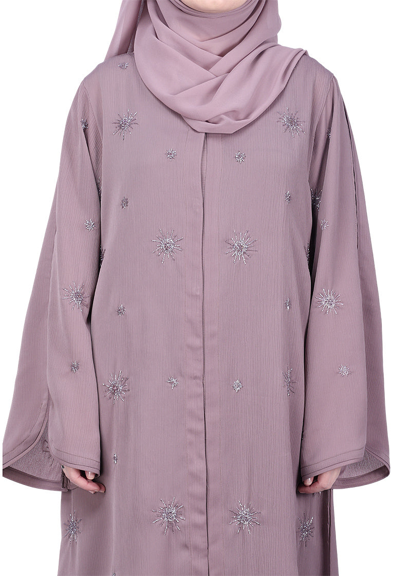 BeingMuslims Light Purple Abaya with Starburst Crystal Embroidery Motifs