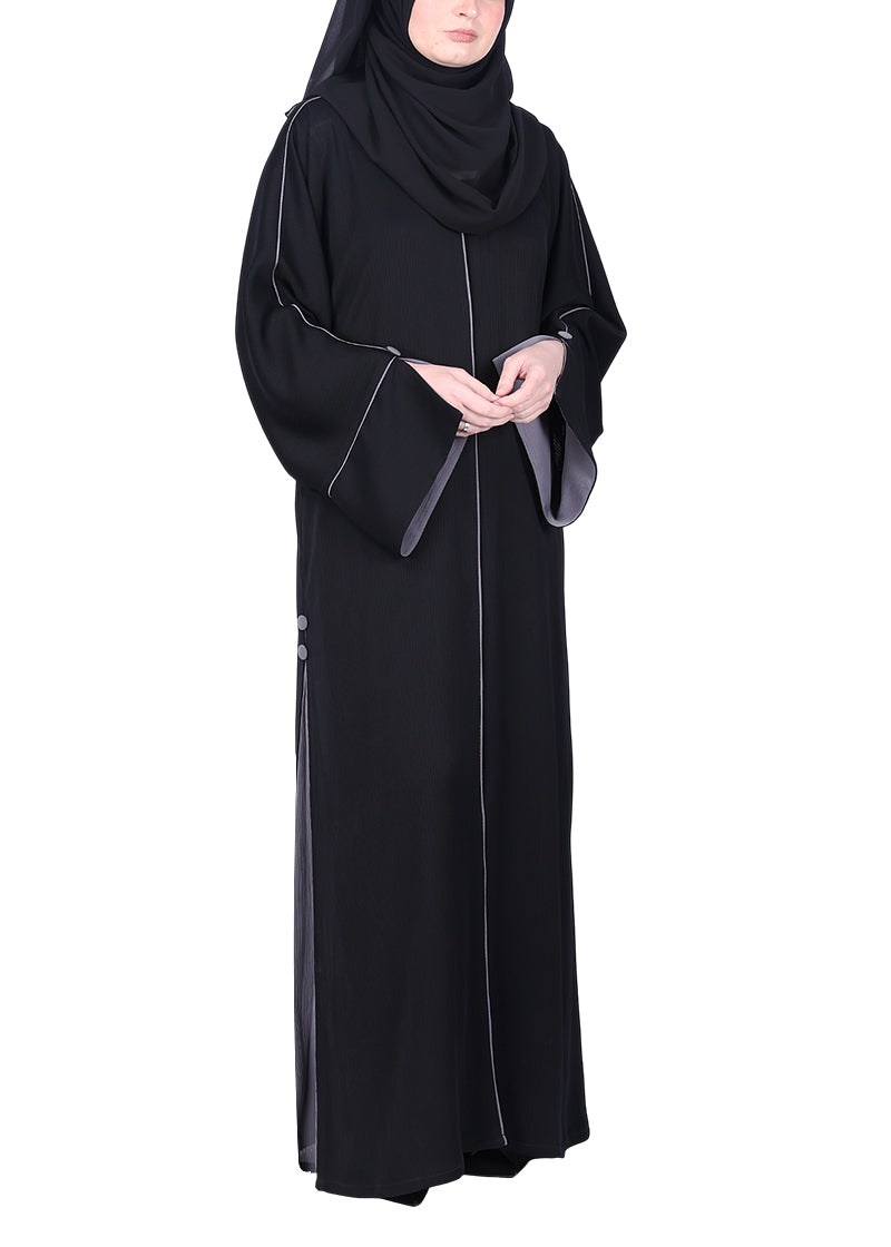 BeingMuslims Flowy Black Abaya with Sleek contrast Piping