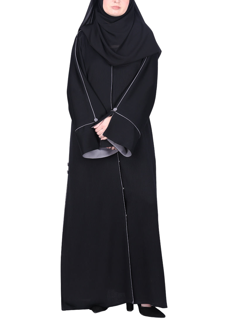 BeingMuslims Flowy Black Abaya with Sleek contrast Piping