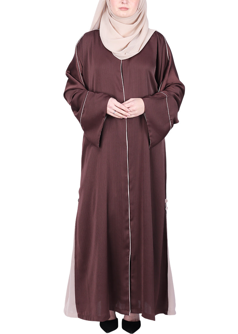 BeingMuslims Flowy Brown Abaya with Sleek contrast Piping