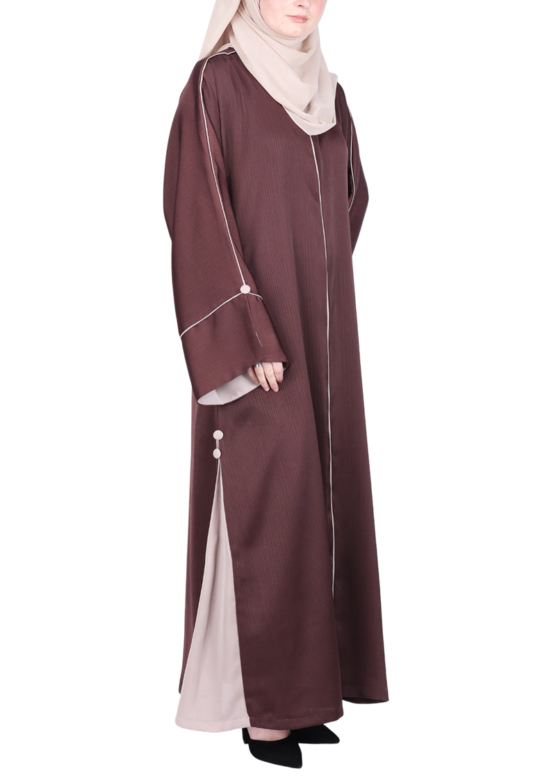 BeingMuslims Flowy Brown Abaya with Sleek contrast Piping