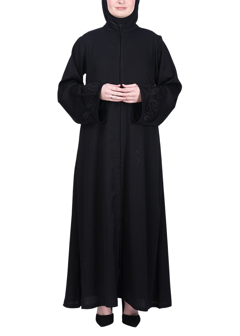 BeingMuslims Flowy Black Abaya with Sleek contrast Piping