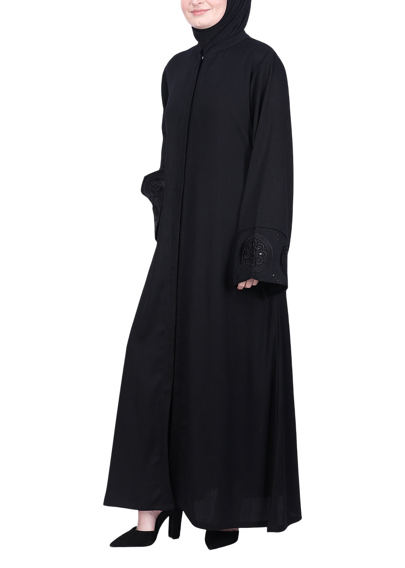 BeingMuslims Flowy Black Abaya with Sleek contrast Piping