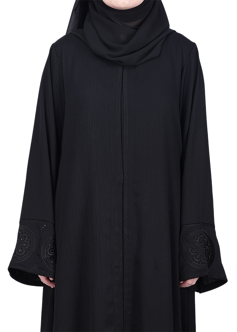 BeingMuslims Flowy Black Abaya with Sleek contrast Piping