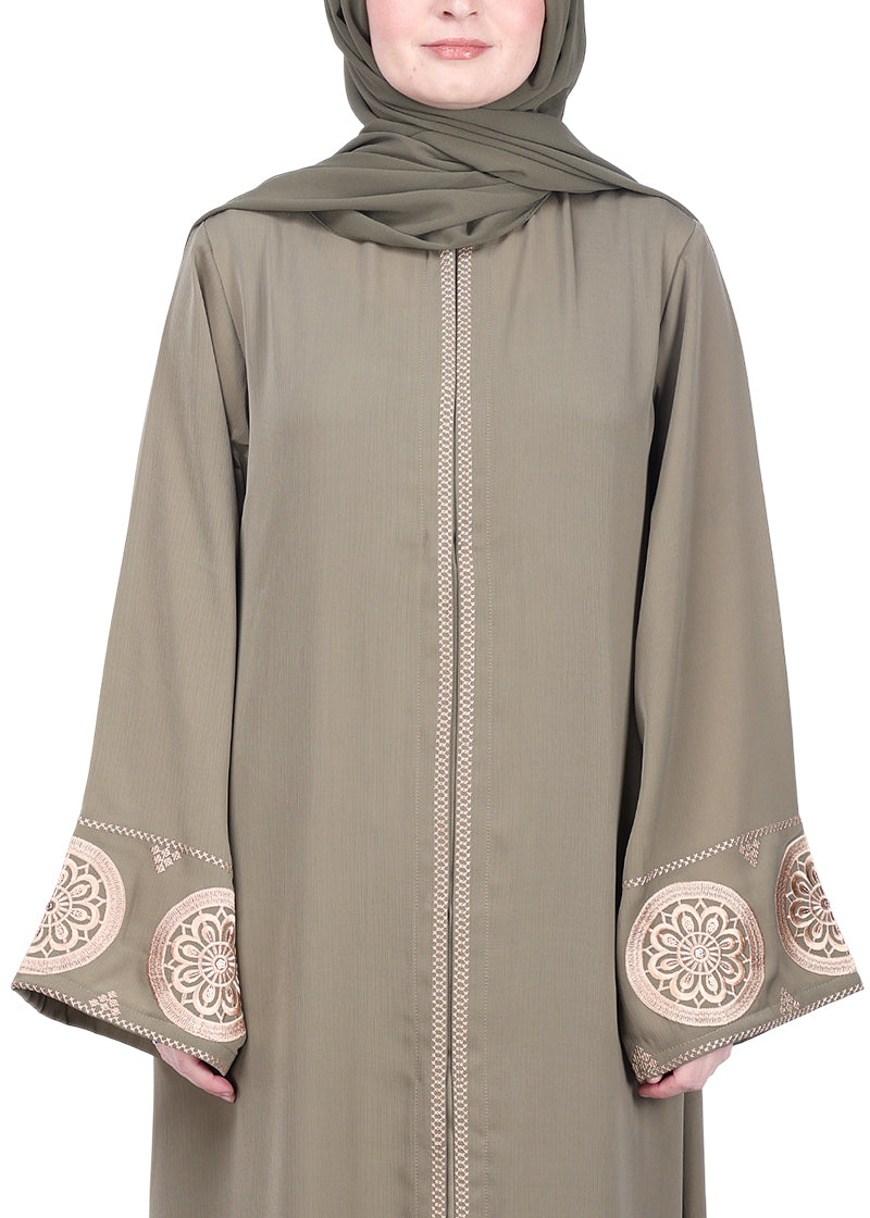 BeingMuslims Extraordinary Olive Abaya Golden Circular Medallion Motifs