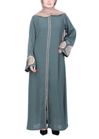 BeingMuslims Extraordinary Teal Green Abaya Golden Circular Medallion Motifs