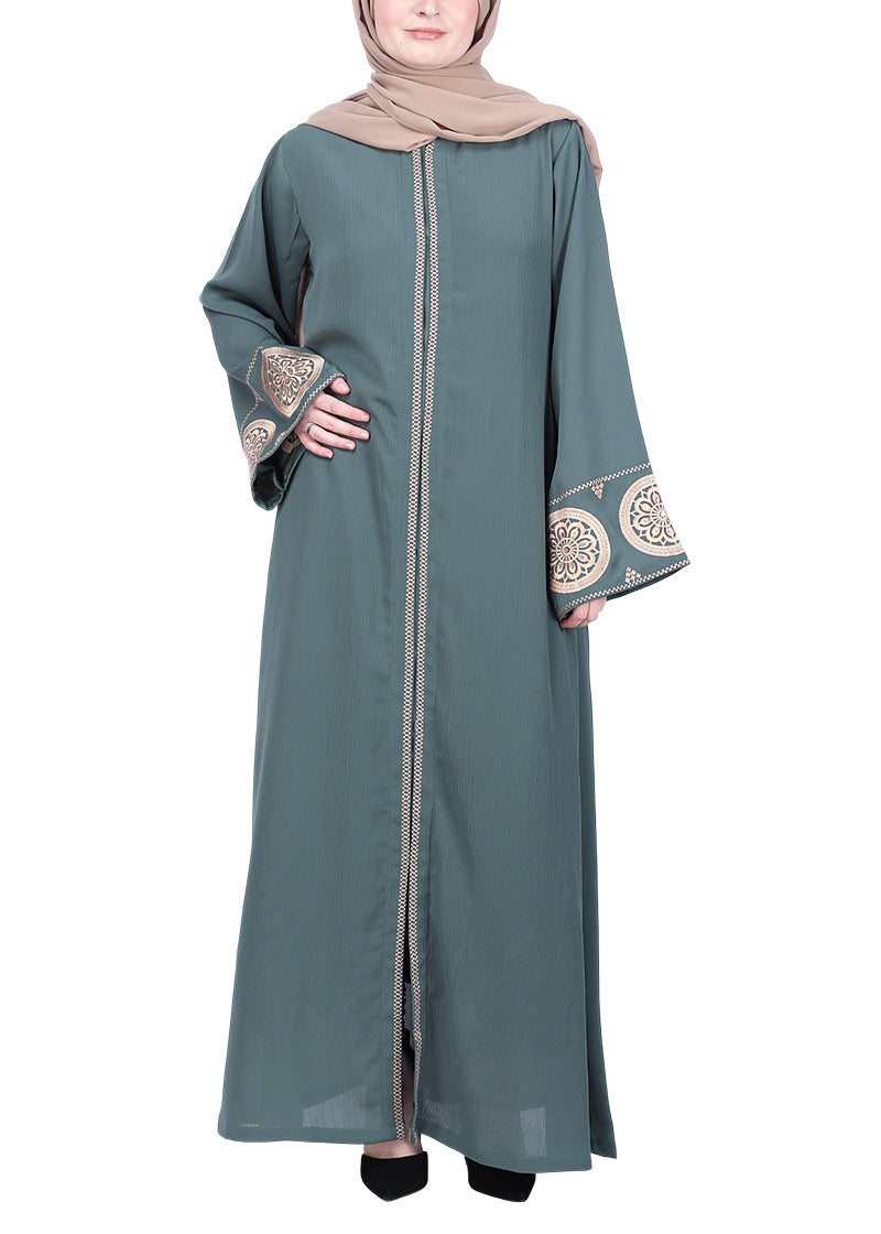 BeingMuslims Extraordinary Teal Green Abaya Golden Circular Medallion Motifs