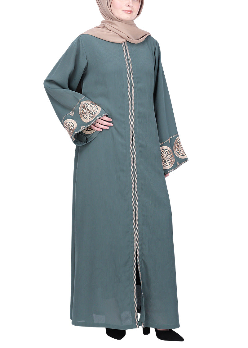 BeingMuslims Extraordinary Teal Green Abaya Golden Circular Medallion Motifs