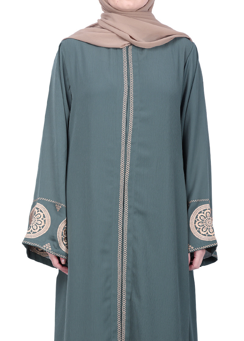BeingMuslims Extraordinary Teal Green Abaya Golden Circular Medallion Motifs