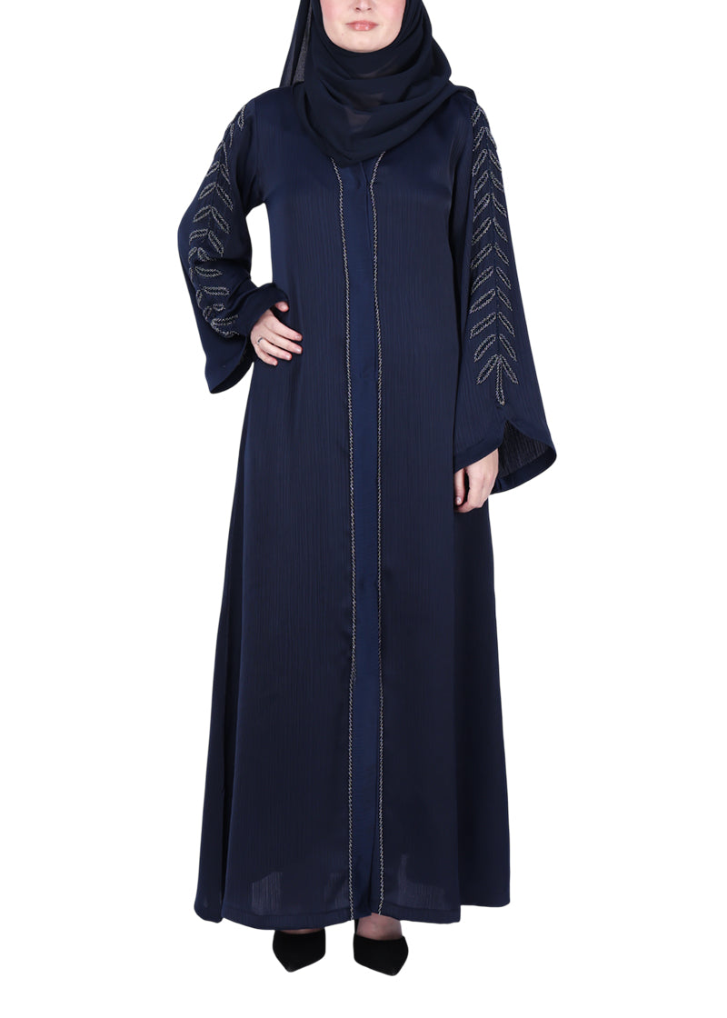 BeingMuslims Navy Blue Abaya with Subtle Embroidery with Leaf Inspired Motifs.