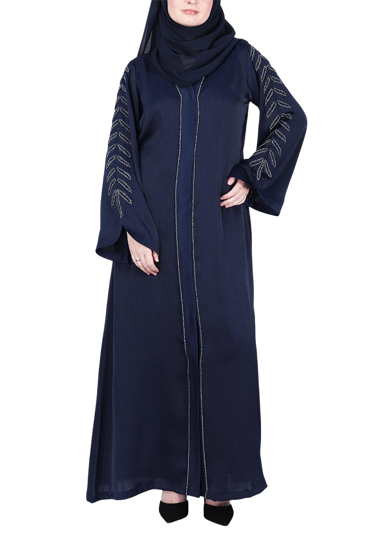 BeingMuslims Navy Blue Abaya with Subtle Embroidery with Leaf Inspired Motifs.