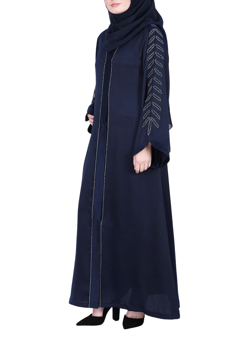 BeingMuslims Navy Blue Abaya with Subtle Embroidery with Leaf Inspired Motifs.