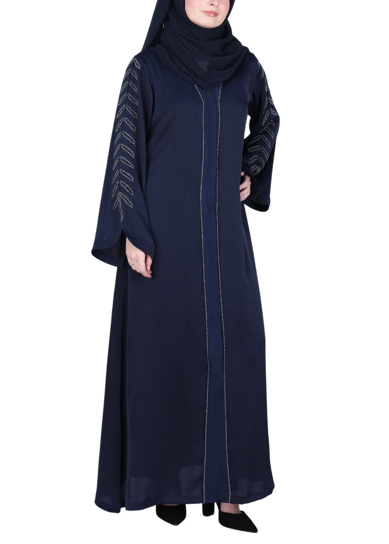 BeingMuslims Navy Blue Abaya with Subtle Embroidery with Leaf Inspired Motifs.