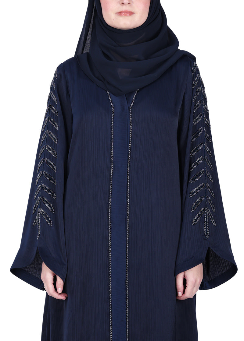 BeingMuslims Navy Blue Abaya with Subtle Embroidery with Leaf Inspired Motifs.