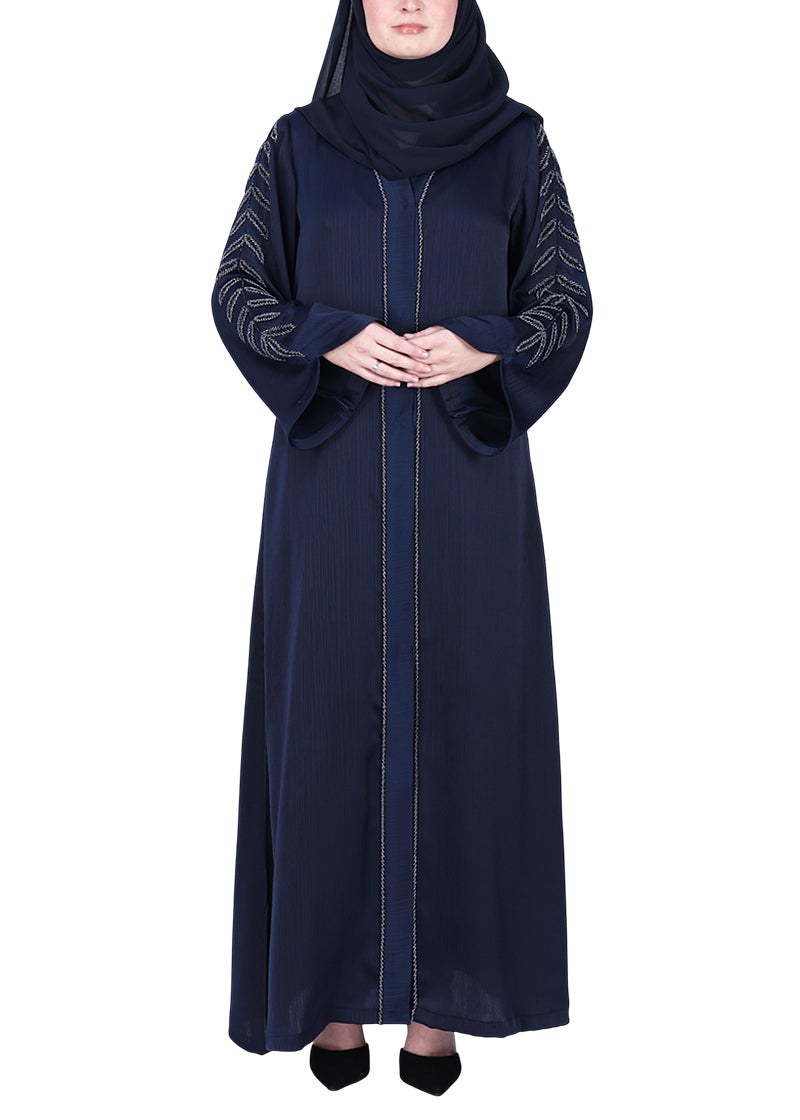 BeingMuslims Navy Blue Abaya with Subtle Embroidery with Leaf Inspired Motifs.