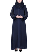 BeingMuslims Navy Blue Abaya with Subtle Embroidery with Leaf Inspired Motifs.