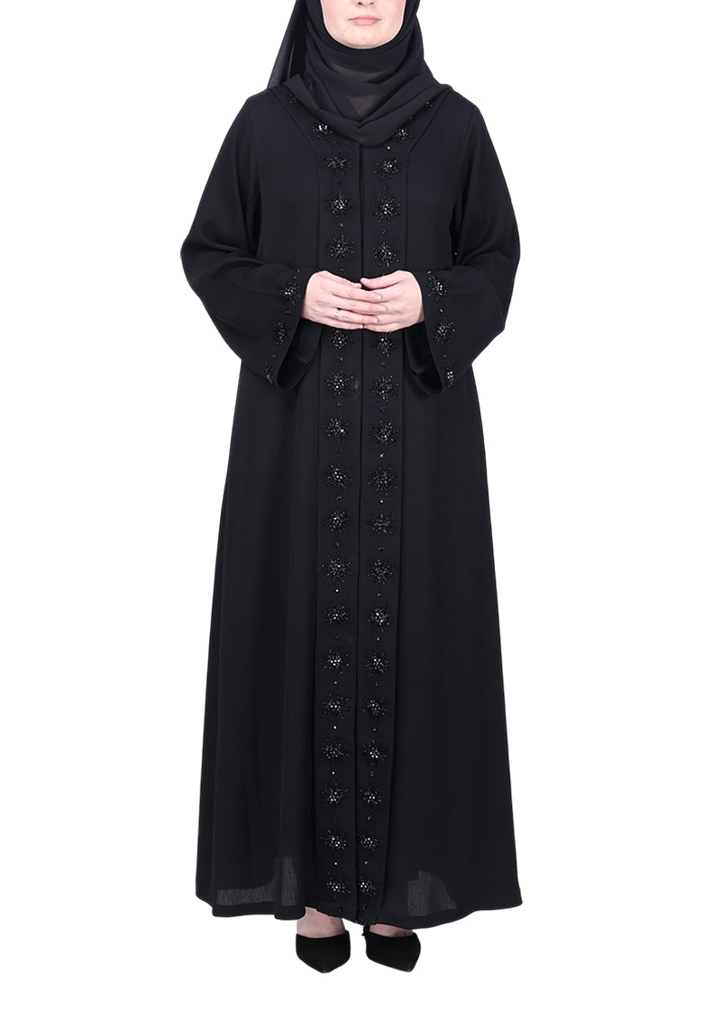 BeingMuslims Black Luxury Abaya with Rich Floral Beadwork Embroidery