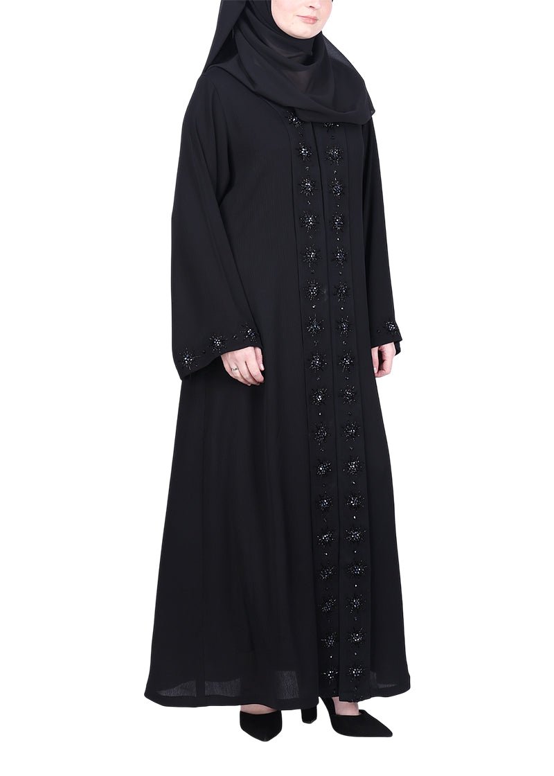 BeingMuslims Black Luxury Abaya with Rich Floral Beadwork Embroidery